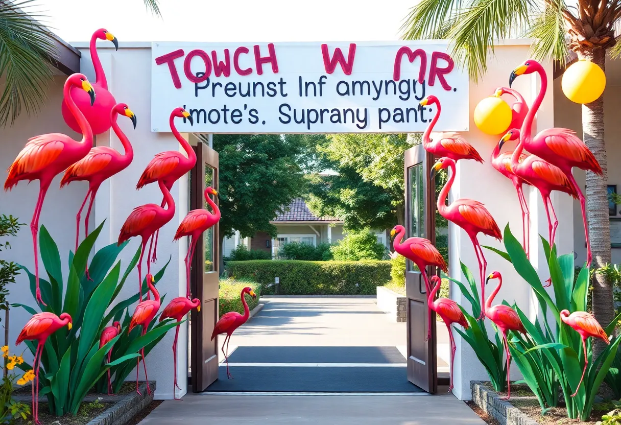 Colorful flamingos at the entrance of Big Brothers Big Sisters office in Pahrump