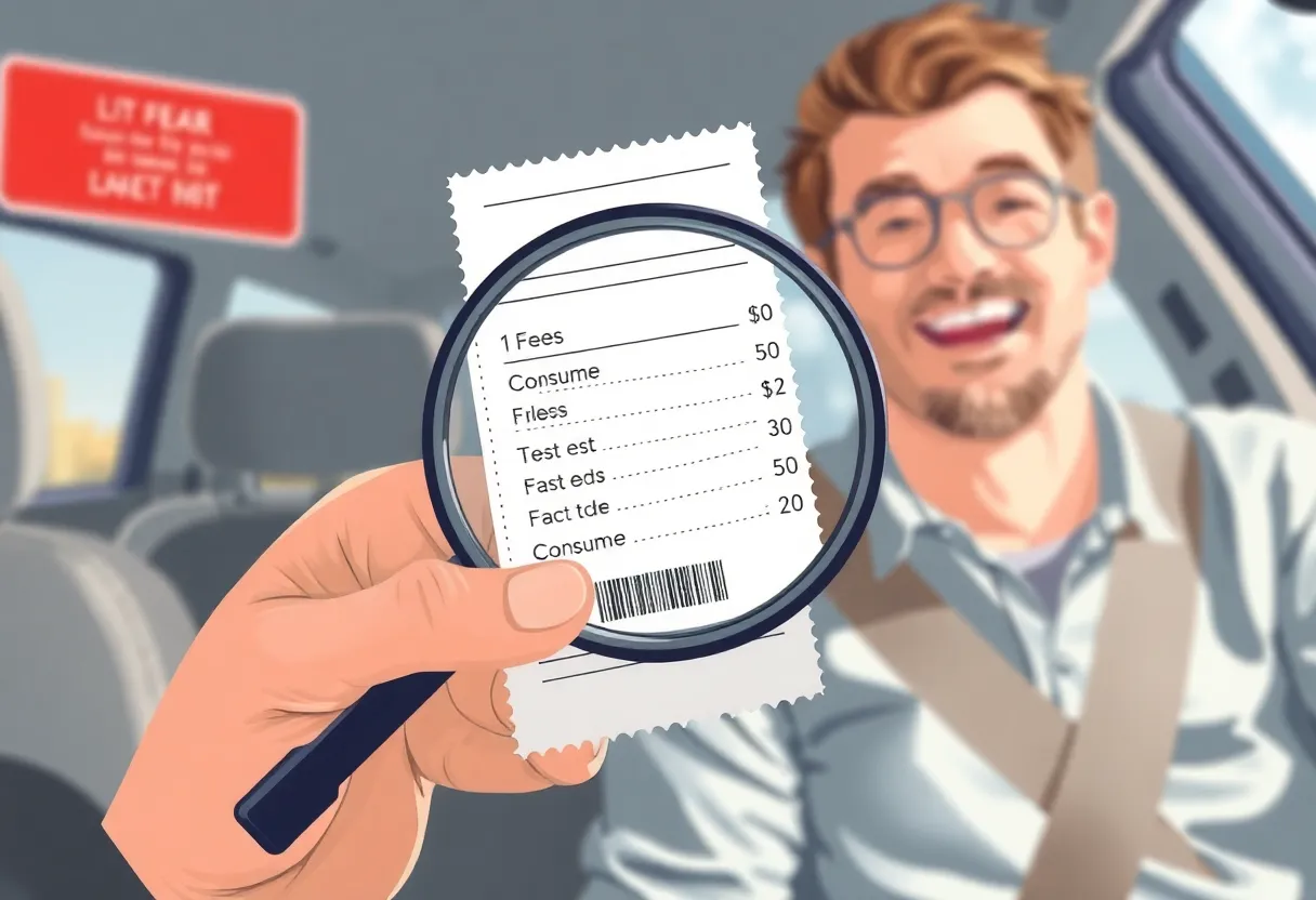 An illustration of a consumer examining a ticket with clear pricing.