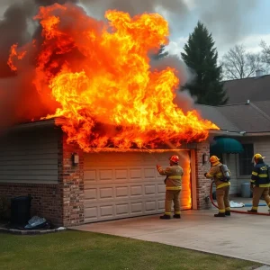 Scene of a garage fire in Las Vegas with firefighters in action