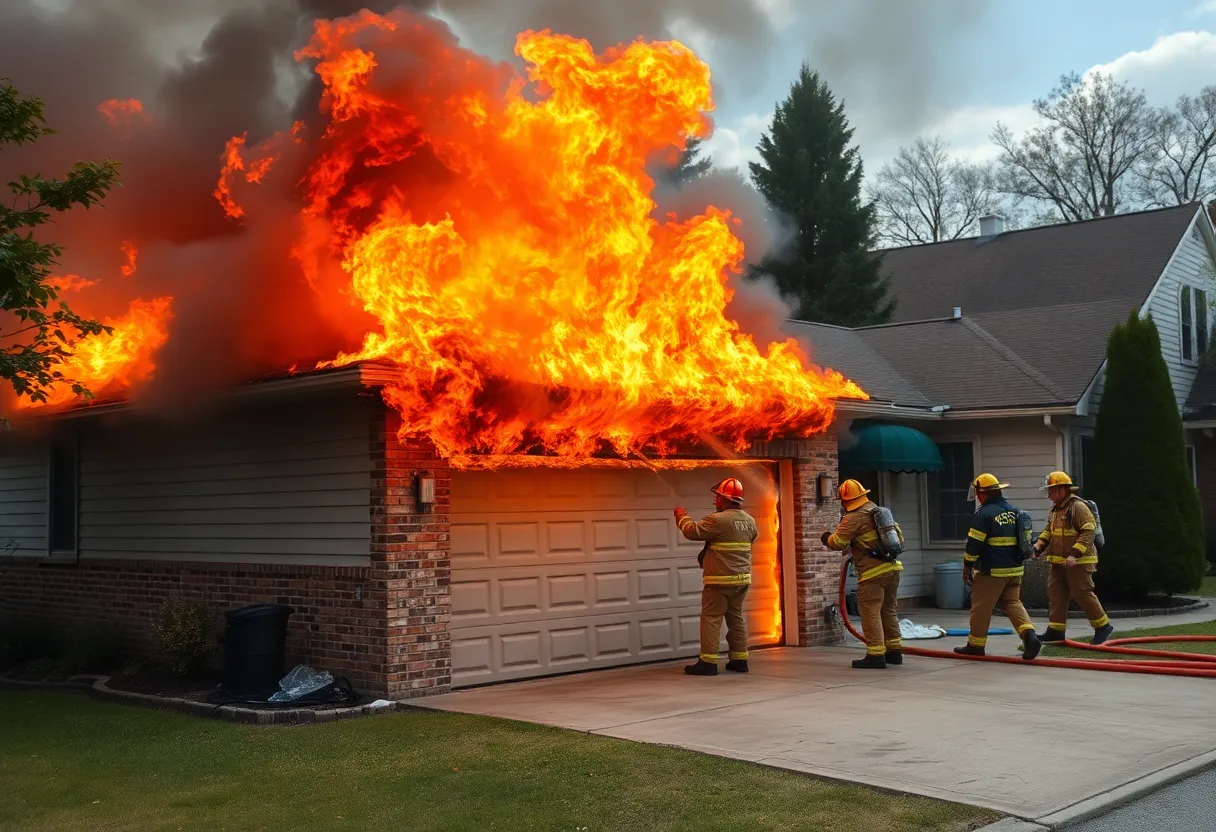 Scene of a garage fire in Las Vegas with firefighters in action