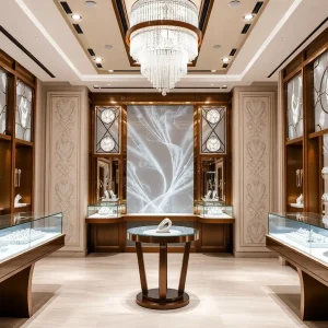 Interior view of Graff's North American salon showcasing high-end jewelry displays and bridal area.