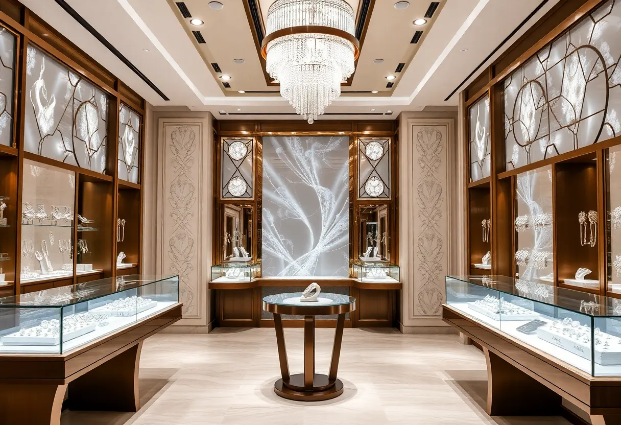 Interior view of Graff's North American salon showcasing high-end jewelry displays and bridal area.