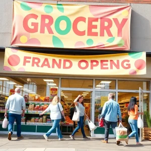 Grand opening celebration of Grocery Outlet with shoppers and decorations