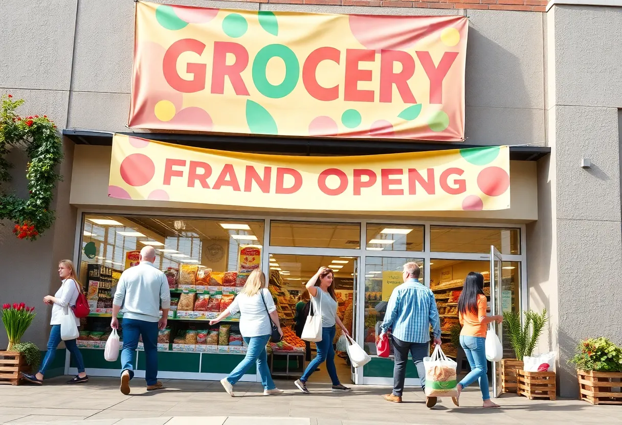 Grand opening celebration of Grocery Outlet with shoppers and decorations