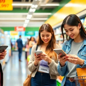 Customers using grocery store apps in a grocery store aisle.