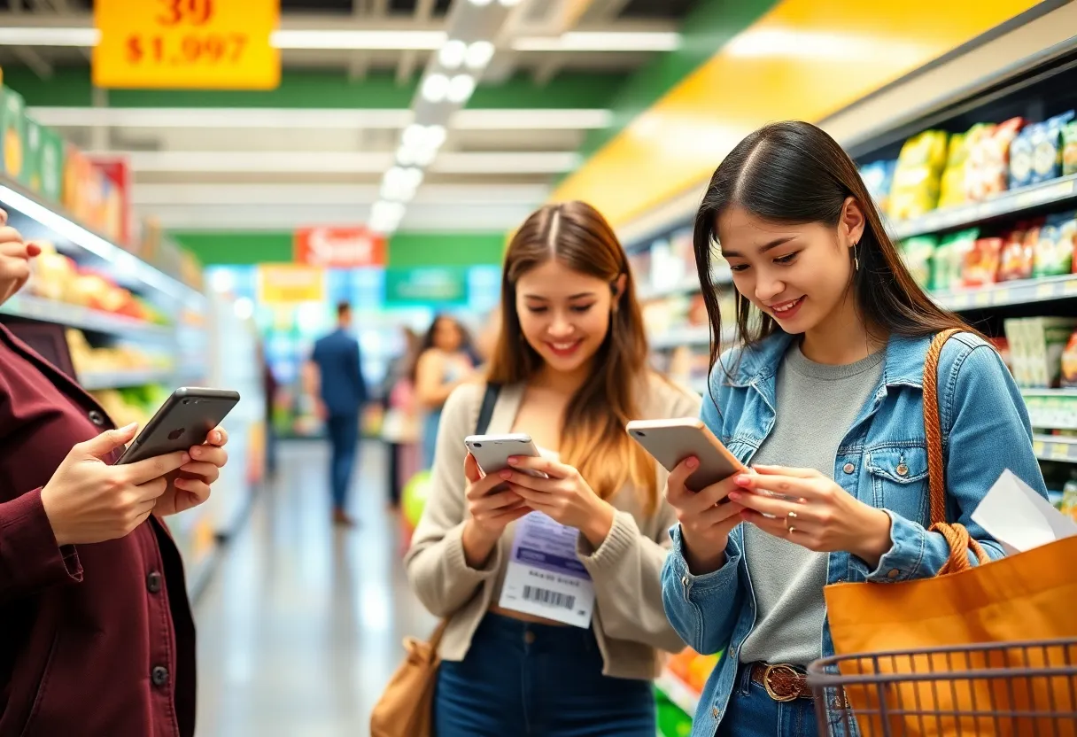 Customers using grocery store apps in a grocery store aisle.