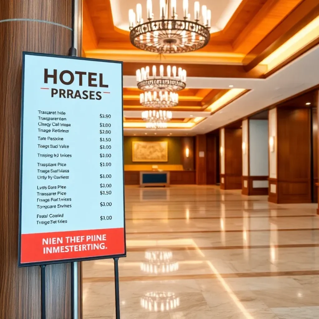 A hotel lobby showcasing a signage with clear lodging costs.