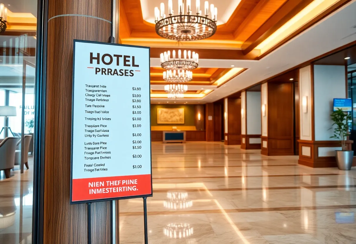 A hotel lobby showcasing a signage with clear lodging costs.