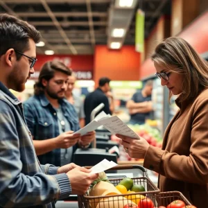 Customer at Kroger checkout examining prices