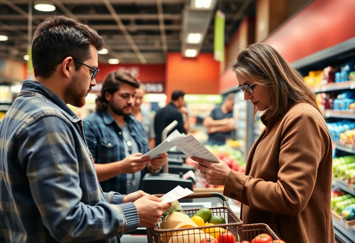 Customer at Kroger checkout examining prices