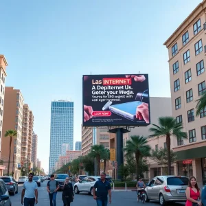 Urban street view of Las Vegas with apartment complexes and a digital internet service advertisement.