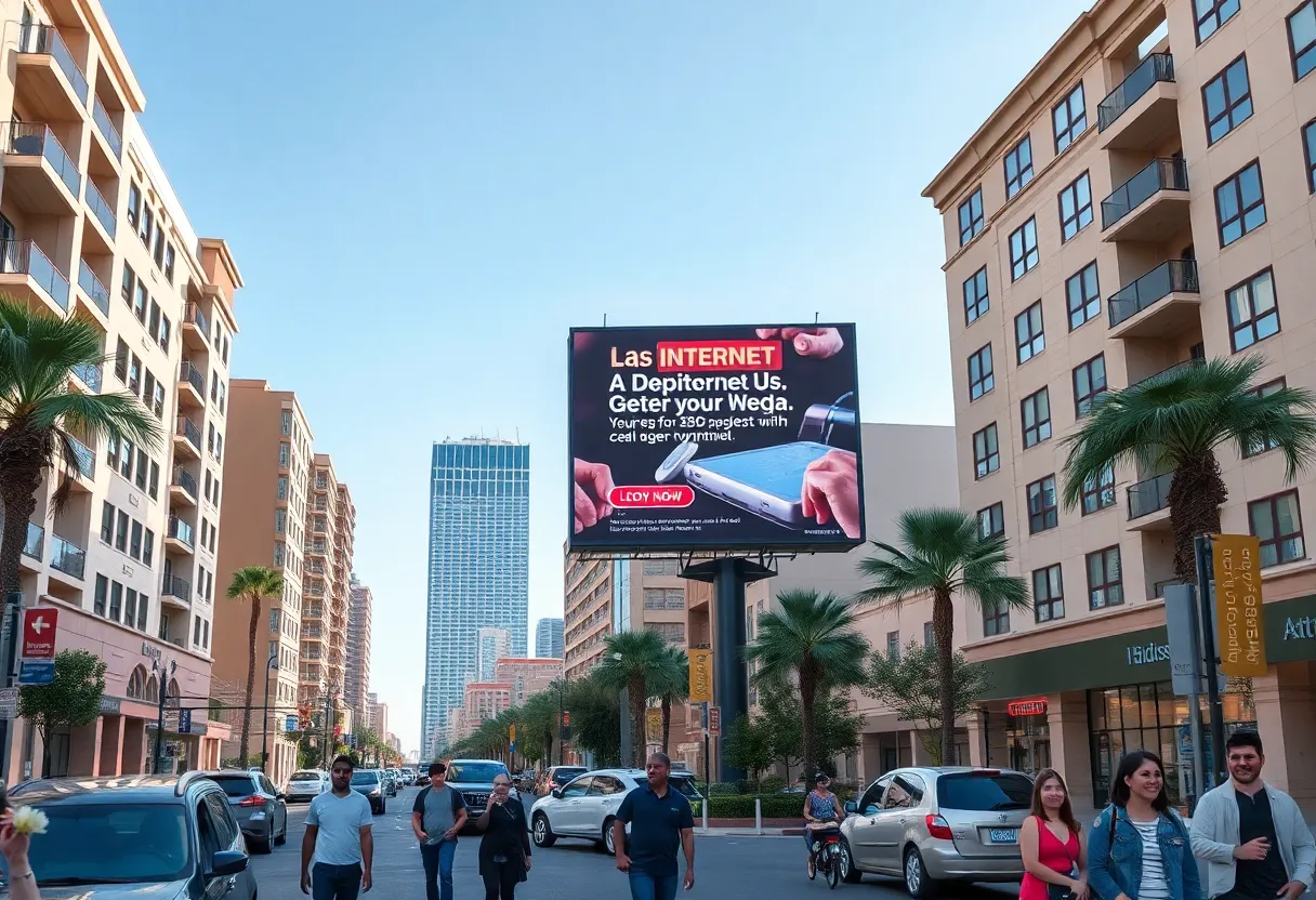 Urban street view of Las Vegas with apartment complexes and a digital internet service advertisement.