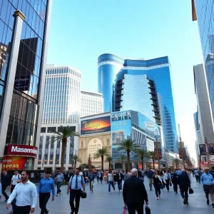A view of the business district in Las Vegas with corporate buildings
