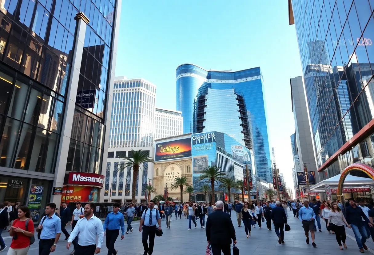 A view of the business district in Las Vegas with corporate buildings