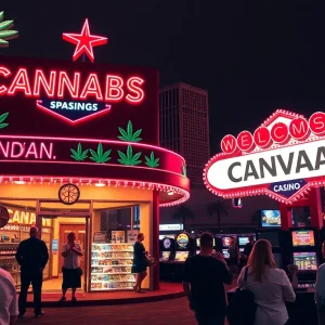 Las Vegas landscape featuring cannabis dispensaries and gaming establishments