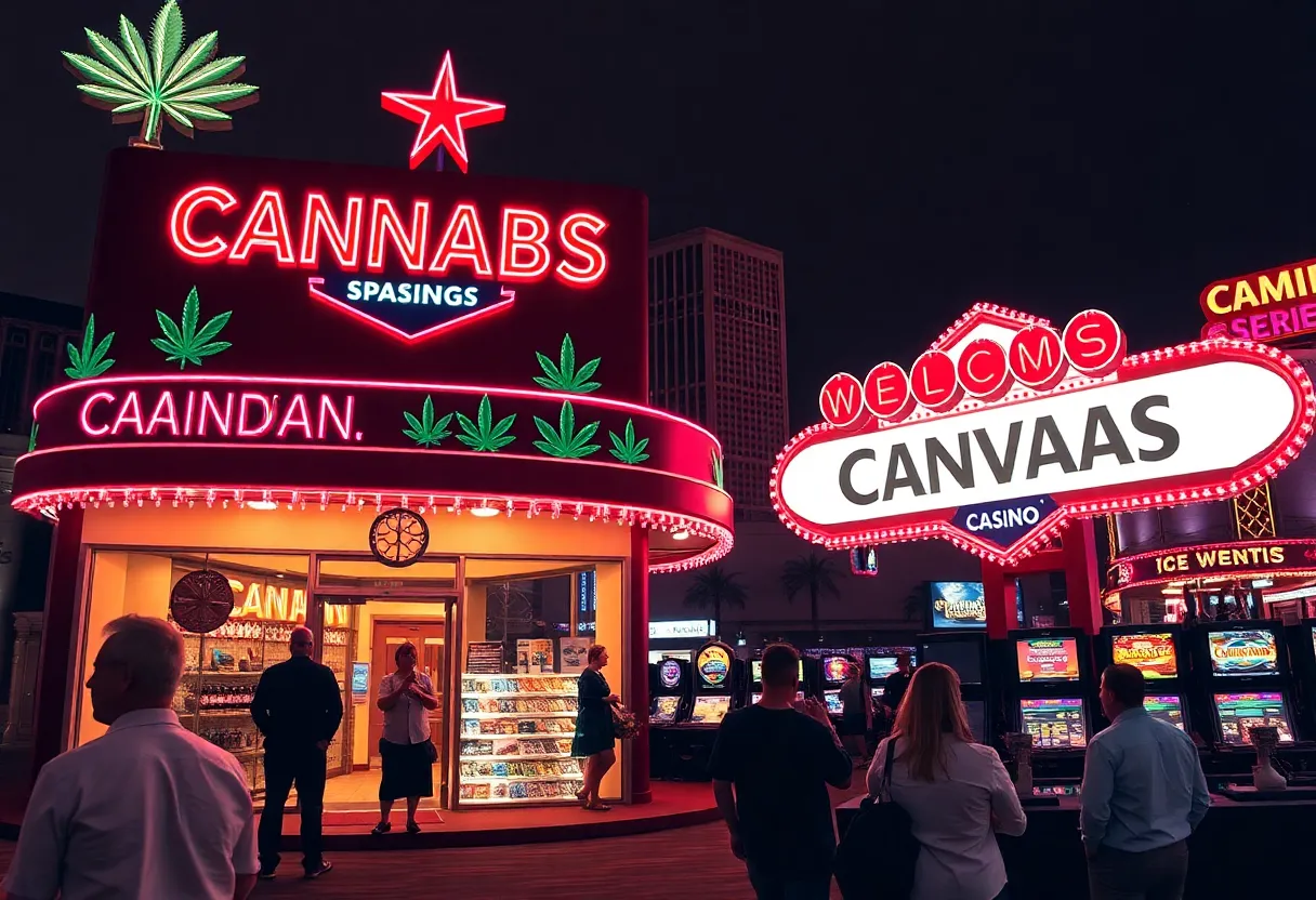 Las Vegas landscape featuring cannabis dispensaries and gaming establishments