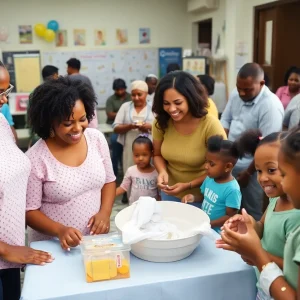Parents and children at a community baby shower in Las Vegas