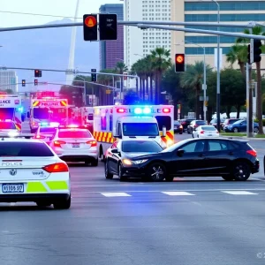 Three-vehicle crash at Las Vegas intersection with police presence.