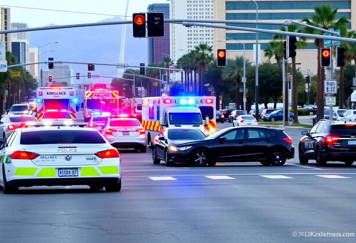 Three-vehicle crash at Las Vegas intersection with police presence.