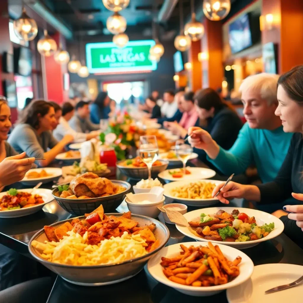 Diners enjoying a variety of dishes in a Las Vegas restaurant during a culinary event.