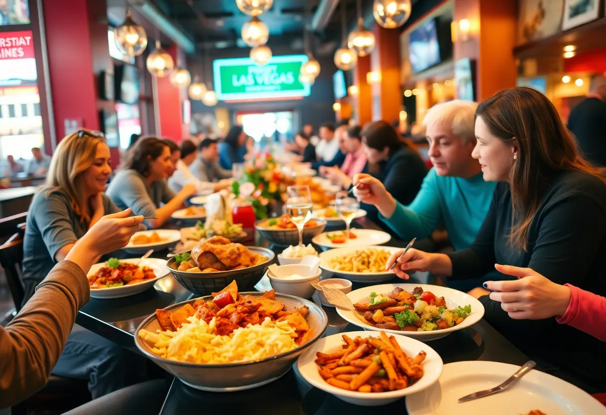 Diners enjoying a variety of dishes in a Las Vegas restaurant during a culinary event.