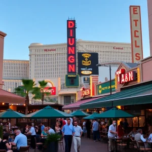 Vibrant Las Vegas restaurant facades and outdoor dining experience