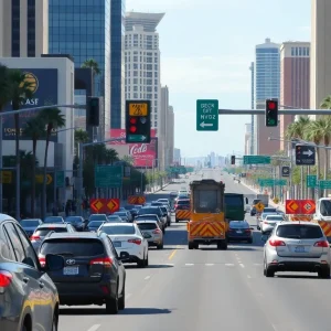 Traffic in downtown Las Vegas with road construction signs