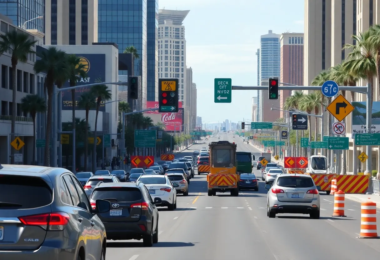 Traffic in downtown Las Vegas with road construction signs