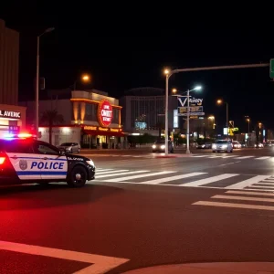 Police car at a nighttime crosswalk in Las Vegas emphasizing road safety.