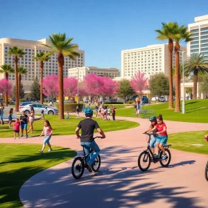 Teenagers riding e-bikes in a safe designated area of a Las Vegas park