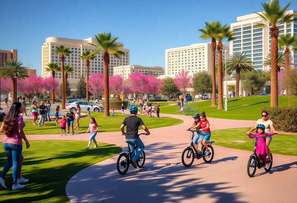 Teenagers riding e-bikes in a safe designated area of a Las Vegas park