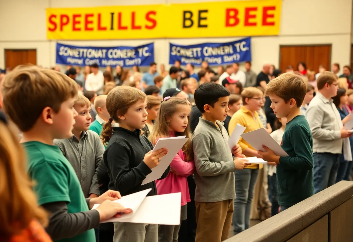 Young contestants participating in a spelling bee competition