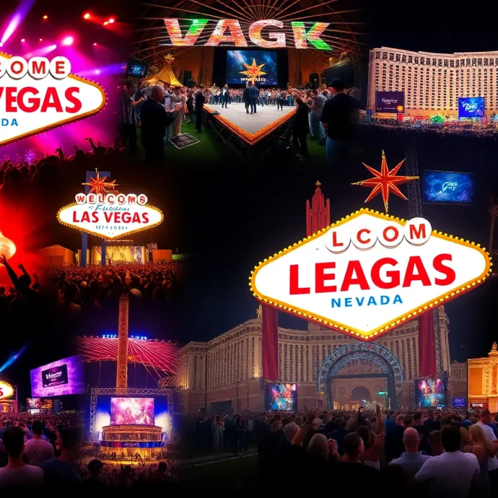 A collage of Las Vegas entertainment events featuring concerts, sports, and cultural activities.