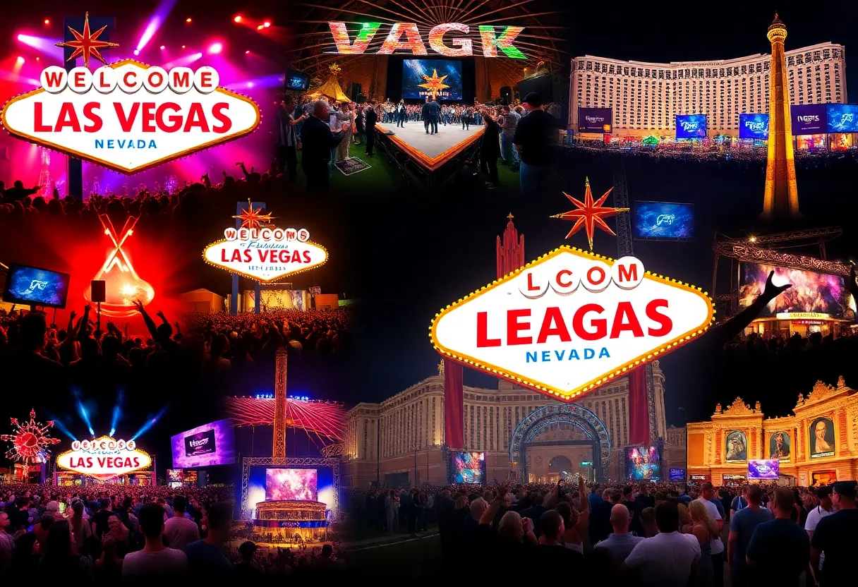 A collage of Las Vegas entertainment events featuring concerts, sports, and cultural activities.