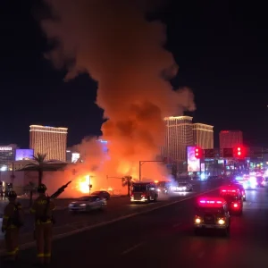 Firefighters responding to a fire near Las Vegas Strip with smoke in the background.
