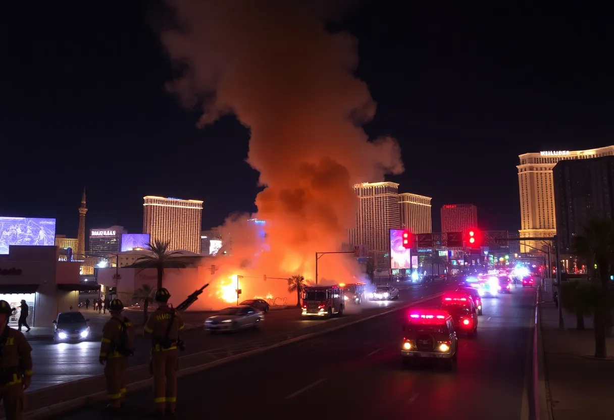 Firefighters responding to a fire near Las Vegas Strip with smoke in the background.