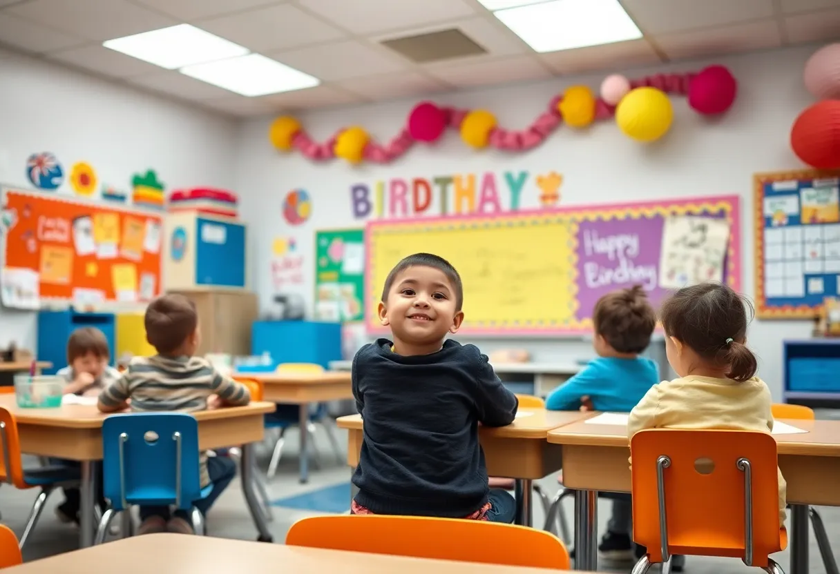 Students engaging in kindness activities in a vibrant classroom.