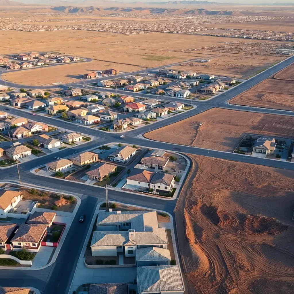 Aerial view of Las Vegas showing residential developments and vacant land.