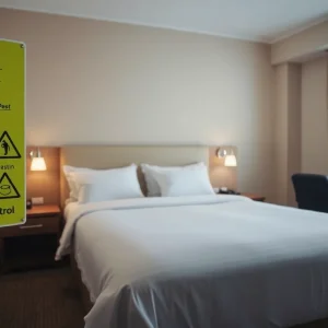 A hotel room with pest control notices highlighting cleanliness and guest safety