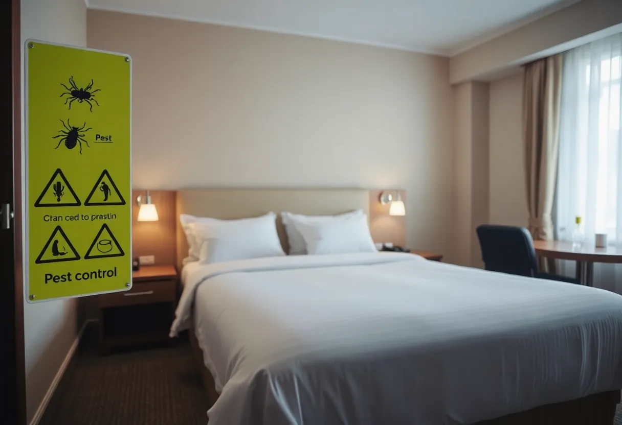 A hotel room with pest control notices highlighting cleanliness and guest safety