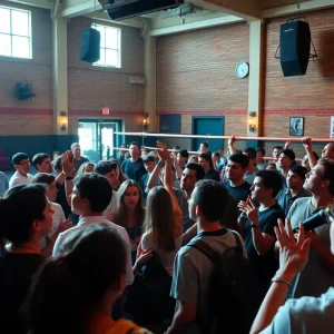 Young audience enjoying a live music performance in a boxing gym
