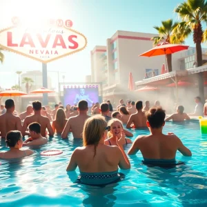 Crowd enjoying a lively pool party in Las Vegas