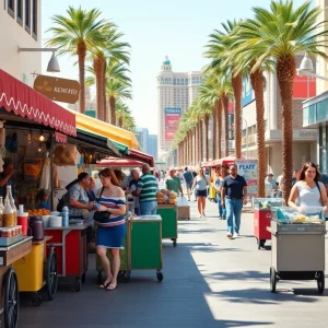 Diverse sidewalk vendors selling food and drinks on a Las Vegas street