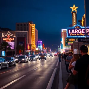 A vibrant Las Vegas street depicting the nightlife and pedestrian activity.