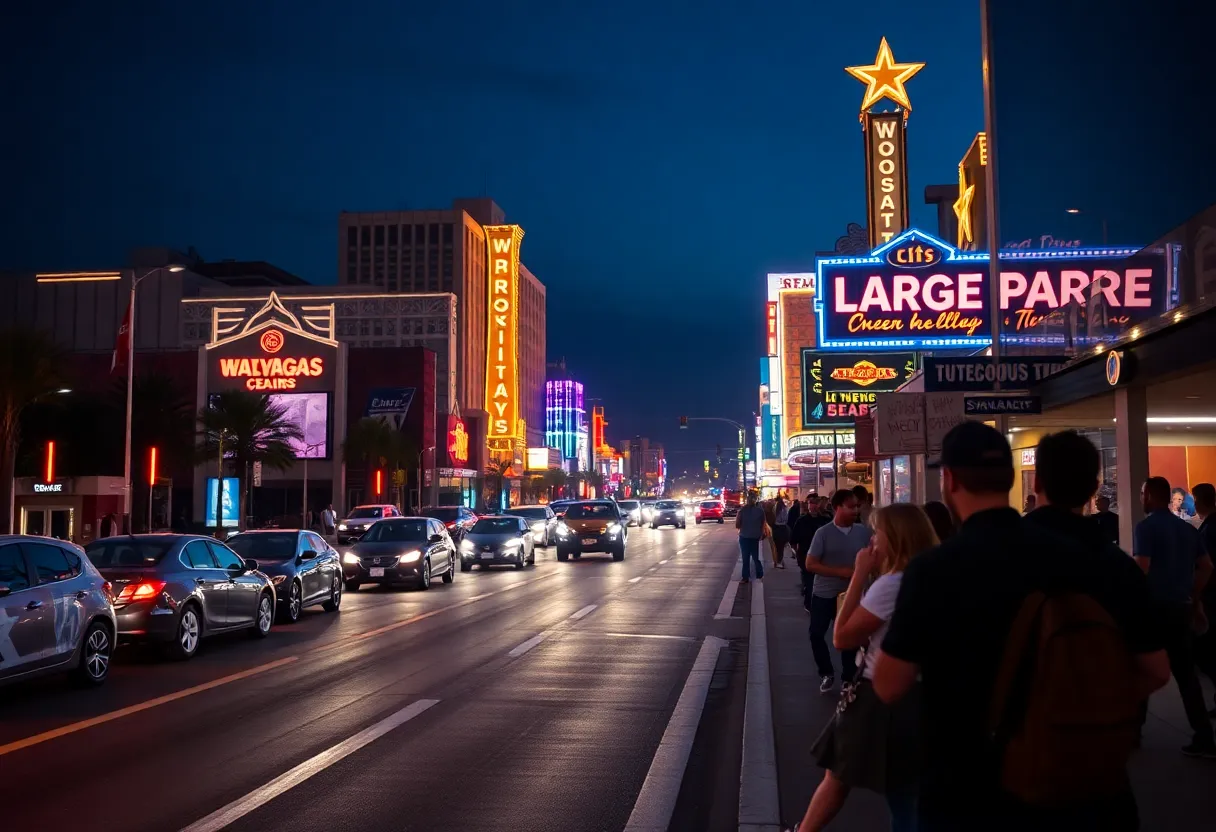 A vibrant Las Vegas street depicting the nightlife and pedestrian activity.