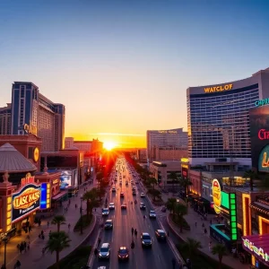 Sunset view of the Las Vegas Strip with luxury resorts.