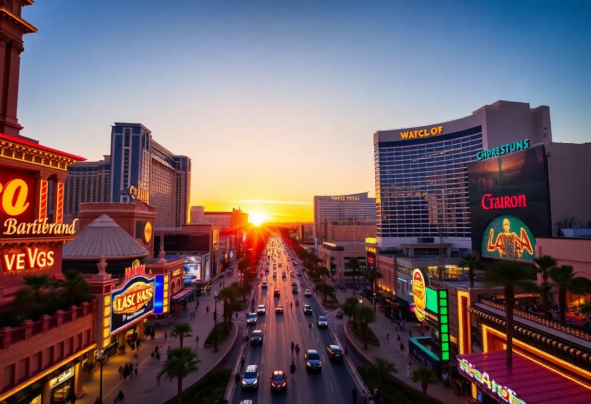 Sunset view of the Las Vegas Strip with luxury resorts.