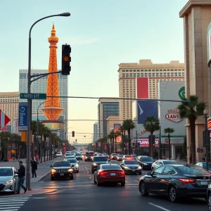 A busy intersection on the Las Vegas Strip with pedestrians and vehicles