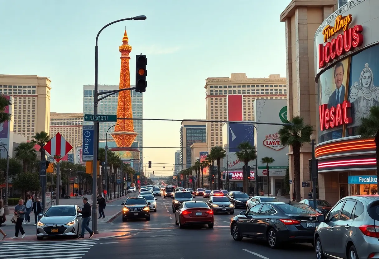 A busy intersection on the Las Vegas Strip with pedestrians and vehicles