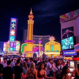 A lively view of the Las Vegas Strip filled with neon lights and crowds enjoying the nightlife.